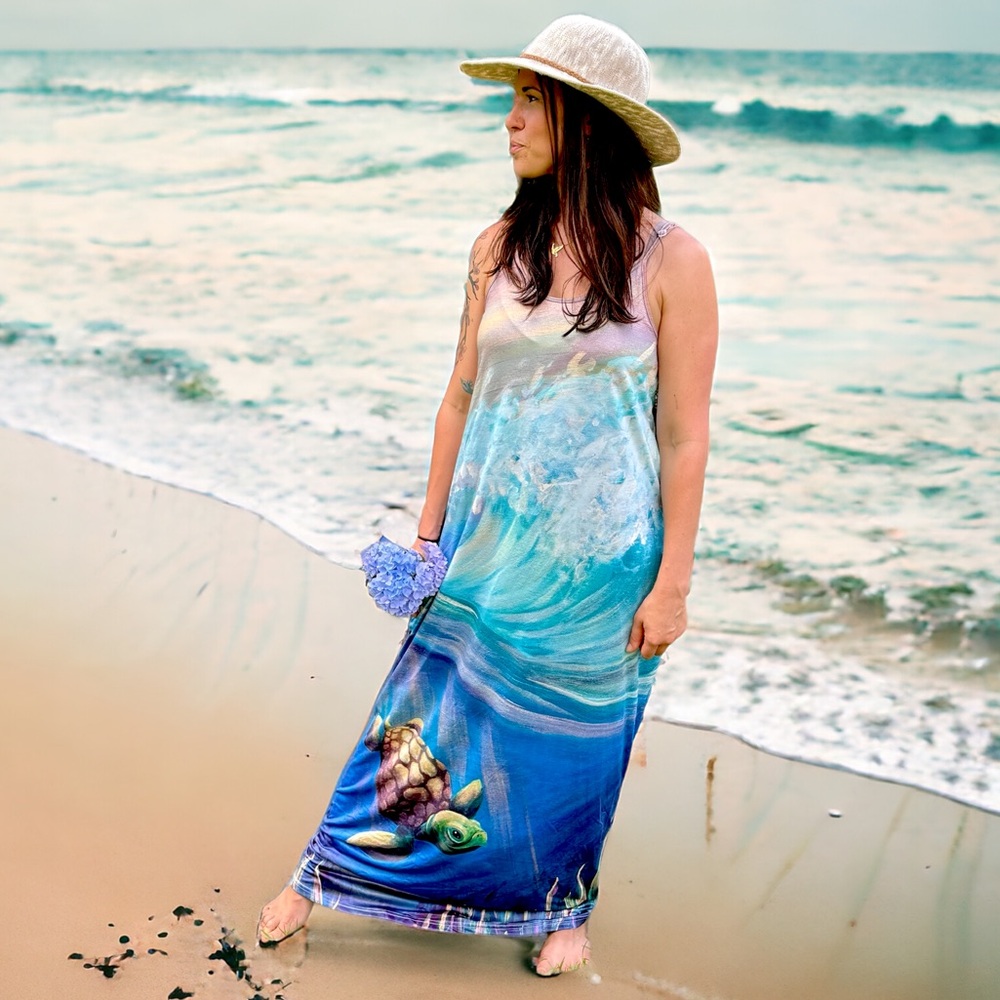 Sea Turtle in the Wave Maxi Beach Dress by Sarah Camille Art